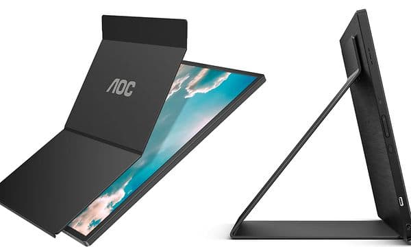 Kannettava AOC-näyttö kuvattuna kahdesta eri suunnasta