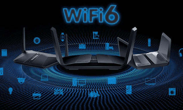 mørk wifi 6-illustrasjon med routere bærbar pc og blå ikoner