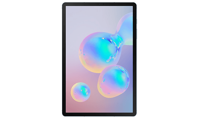 Samsung galaxy Tab S6 framifrån med tunn svart ram och färgglada bubblor som motiv på skärmen, vit bakgrund.