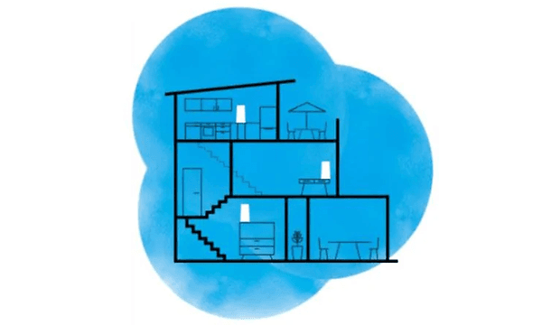 Blå illustration af mesh-netværk i hus