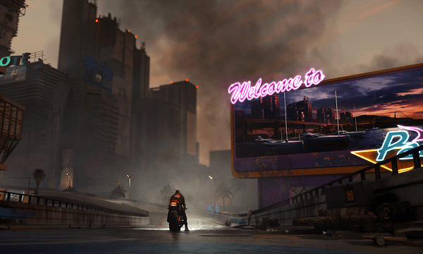 et stort skilt i cyberpunk 2077 med teksten welcome to night city