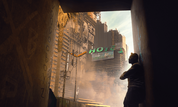 Screenshot fra en gade i Night City