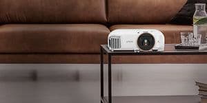 Epson projector in front of couch
