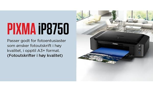 Canon Pixma-iP8750 med produktdetaljer på norsk