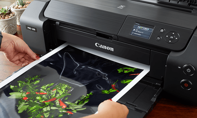 Canon Pixma printer og to hender som holder et utskrevet fargebilde