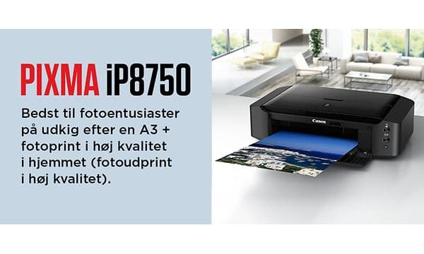 Canon Pixma-iP8750 med produktoplysninger på dansk