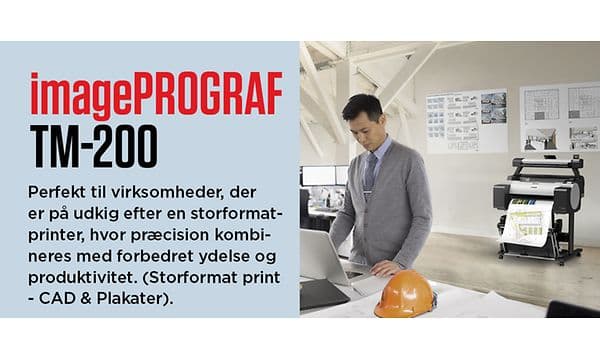 Canon ImagePROGRAF TM-200 med produktdetaljer på dansk