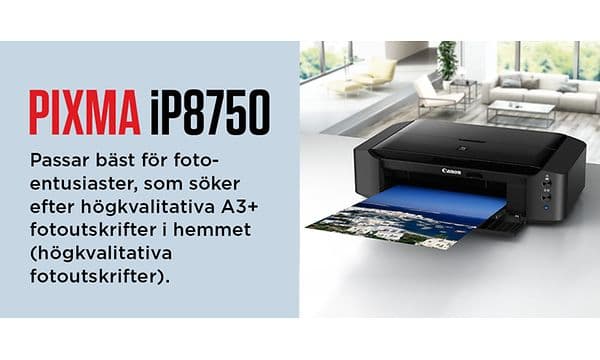 Svart skrivare med fotoutskrift på väg ut  från Canon Pixma-iP8750 med text på svenska. 