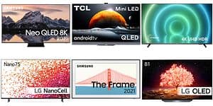 Collage med sex stycken olika TV-apparater från 2021. 