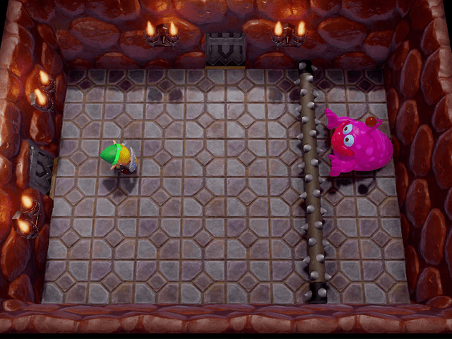 The Legend of Zelda - Link inde i et fangehul, der kæmper med et lyserødt monster