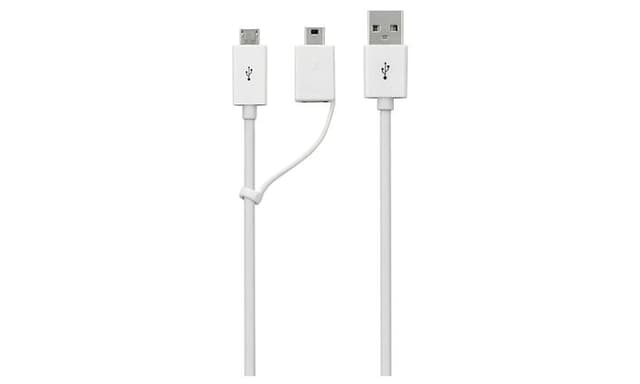 Vit kabel med tre olika USB-anslutningar.  