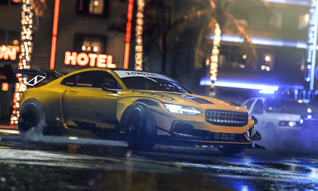 Need for Speed HEAT - gul bil som kjører i en by på nattestid