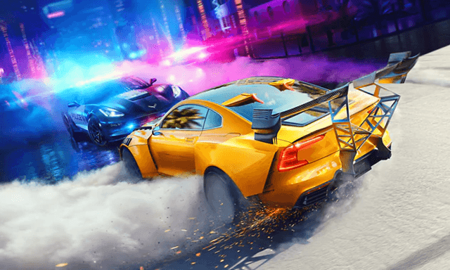 Need for Speed HEAT - sort og gul bil som kjører i et lilla og blått bylandskap om natten