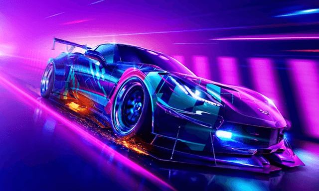 Need for Speed HEAT - sort bil på lilla bakgrunn
