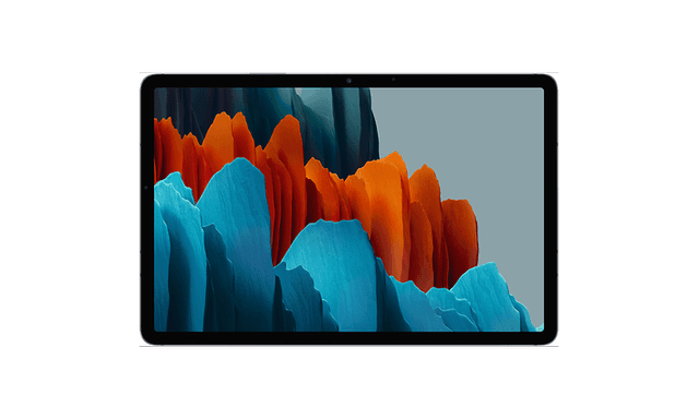 Surfplatta från Samsung Galaxy Tab S7 med svart ram och motiv i blå och orange färg på skärmen. 