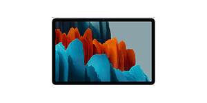 Surfplatta från Samsung Galaxy Tab S7 med svart ram och motiv i blå och orange färg på skärmen. 