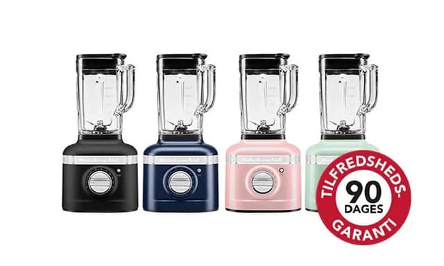 Four KitchenAid blenders in different colours with Danish 90 day warranty stamp