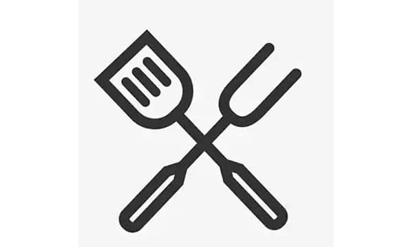 Teckning som föreställer grillbestick, en gaffel och en stekspade. 