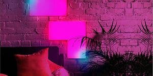 LIFX Tile med rosa och blått ljus på vägg i vardagsrum. Hörnet på en soffa och en stor krukväxt syns också. 