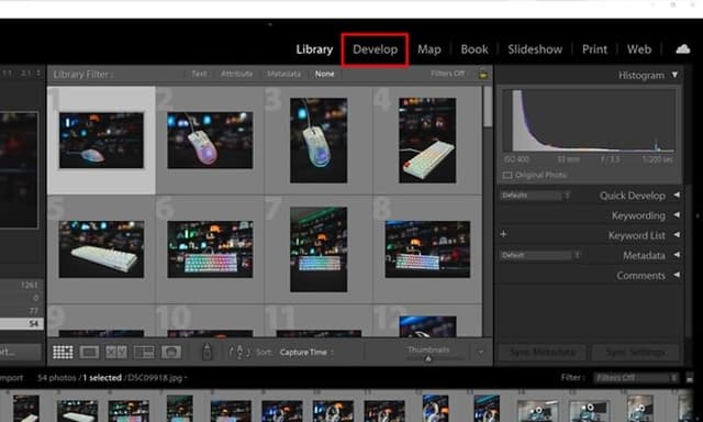 Skjermbilde av Adobe Lightroom-biblioteket med fokus på Develop-funksjonen