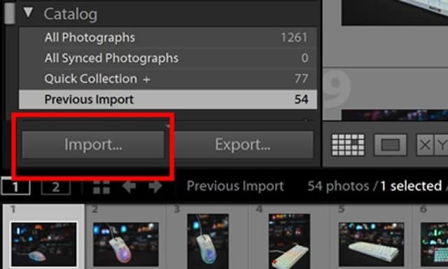 Skjermbilde av importfunksjonen i Adobe Ligthroom