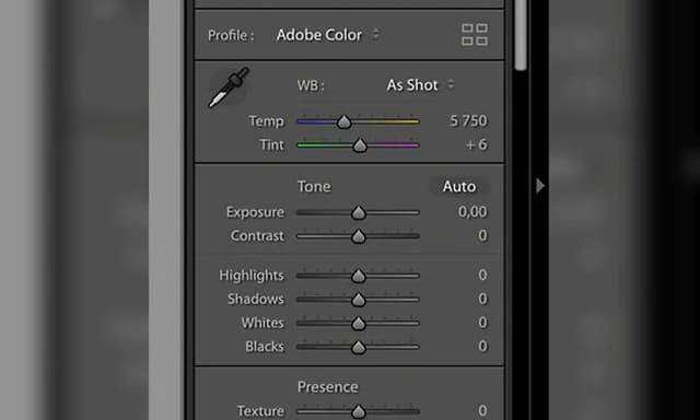 Skjermbilde av farge og verdi-justeringsmeny i Adobe Lightroom