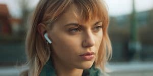 AirPods i öronen på en ung kvinna