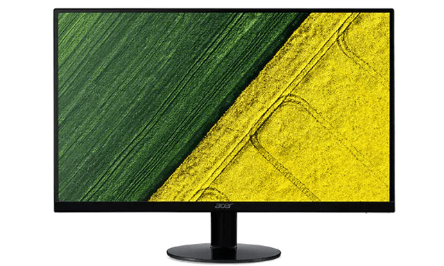 En svart datorskärm från Acer på stativ som visar ett grön/gult fält på bildskärmen.