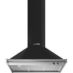 Vägghängd köksfläkt från Smeg i svart och grå färg med centralventilation. 