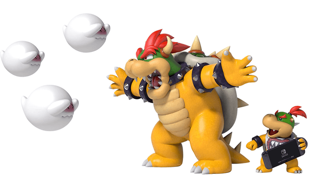 Foreldrekontroll: stor og liten Bowser-figur og tre hvite spøkelser