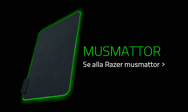 En svart musmatta från Razer med självlysande grön kant och grön text på svart bakgrund. 