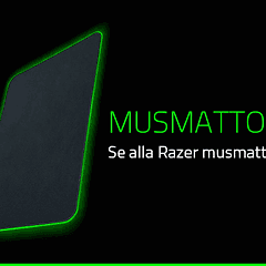 En svart musmatta från Razer med självlysande grön kant och grön text på svart bakgrund. 