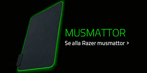 En svart musmatta från Razer med självlysande grön kant och grön text på svart bakgrund. 