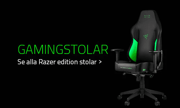 Svart gamingstol med gröna detaljer från Razer och grön text på svart bakgrund. 