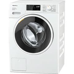 En vit tvättmaskin med en kapacitet på 8 kg från Miele.