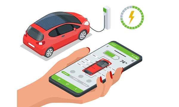 Illustration af en smartphone, der viser en bil og et batteri