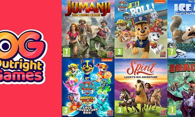 Billeder af forskellige spil og teksten Outright Games Banner