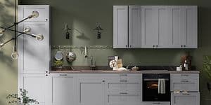 Kitchen with grey cabinets against green wall