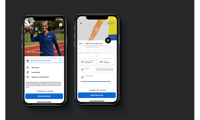 Två mobiltelefonskärmar som visar Theragun-appen. 