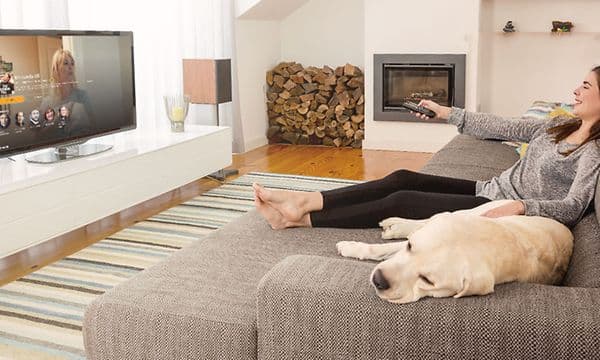 Kvinne og hund ser TV i sofa