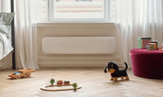Tøjhund, legetøj og en radiator i et moderne rum