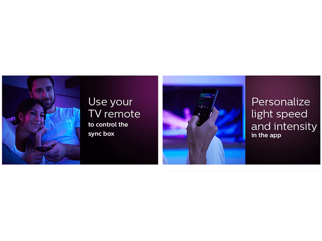 Philips Hue hemmabio. Bild på par i TV-soffa och närbild på fjärrkontroll. 