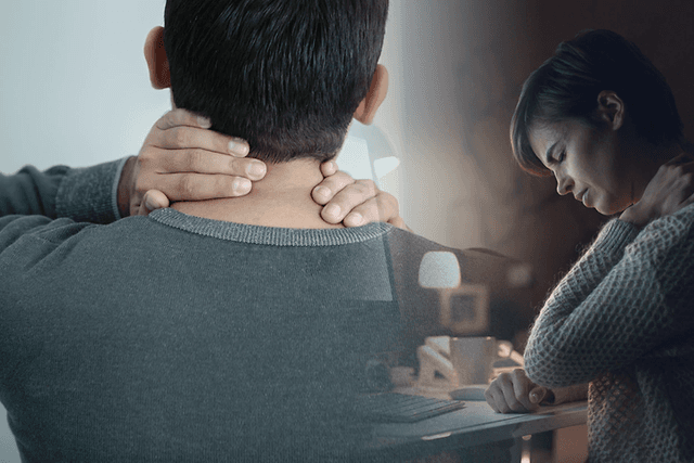 kollasje med mann og kvinne som masserer nakken og uttrykker smerte