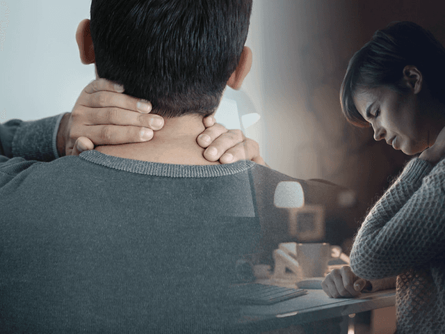 kollasje med mann og kvinne som masserer nakken og uttrykker smerte