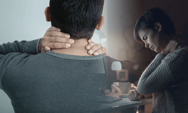 kollasje med mann og kvinne som masserer nakken og uttrykker smerte