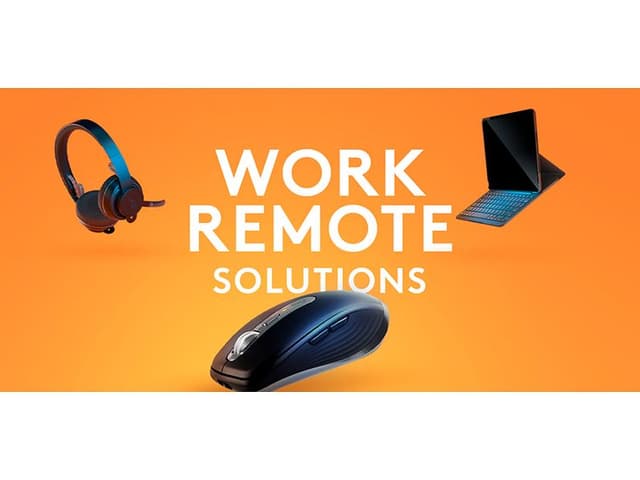 Kuulokkeet, hiiri ja tablet pidikkeellä oranssilla taustalla sekä tekstillä "Work Remote Solutions"