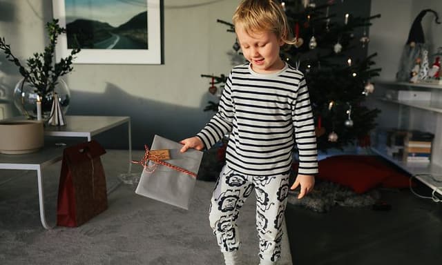 Ett glatt barn håller i en julklapp