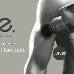 Mies käyttää hierontavasaraa. Teksti: re. recover, revive, relax. Hieronta- ja hyvinvointituotteet.