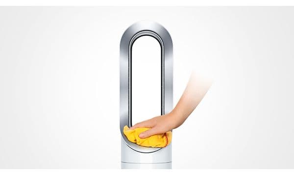 Illustration af Dyson Hot & Cool-ventilator og en hånd, der tørrer den af