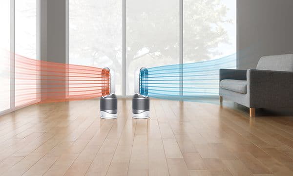 Illustration af to Dyson Pure Hot & Cool Link-fans - den ene køler ned, den anden varmer op